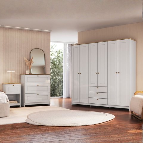 Quarto Completo Casal com Guarda-Roupa 6 Portas Cômoda 3 Gavetas e Mesa de Cabeceira Americano Branco/Gelo