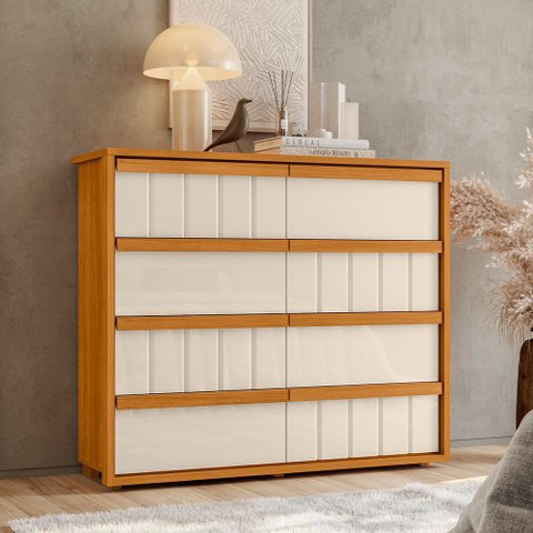 Cômoda para Quarto 8 Gavetas Ripado 100% MDF Tarsila Marrom/Cinamomo/Off White