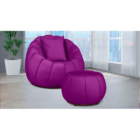 Kit Poltrona c/ Puff + Almofada Concha Veludo Roxo