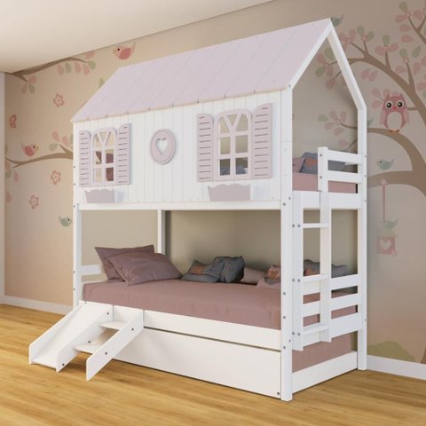 Treliche Casinha Bela com Coração Kit Escada/escorregador - Madeira Maciça Branco/rosa |
