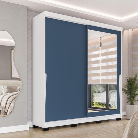 Roupeiro Porto 2 Portas de Correr com Espelho 177x213cm Branco/Azul 240849