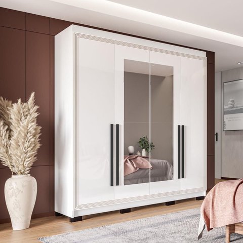 Roupeiro Solteiro Valência 4 Portas com Espelho 161x214cm Branco 240851