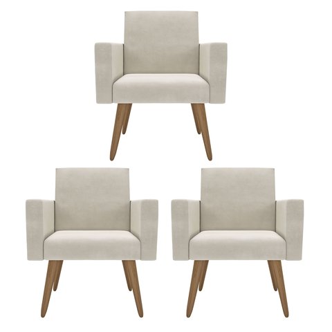 Kit 3 Poltronas Nina Premium: Suede/bege