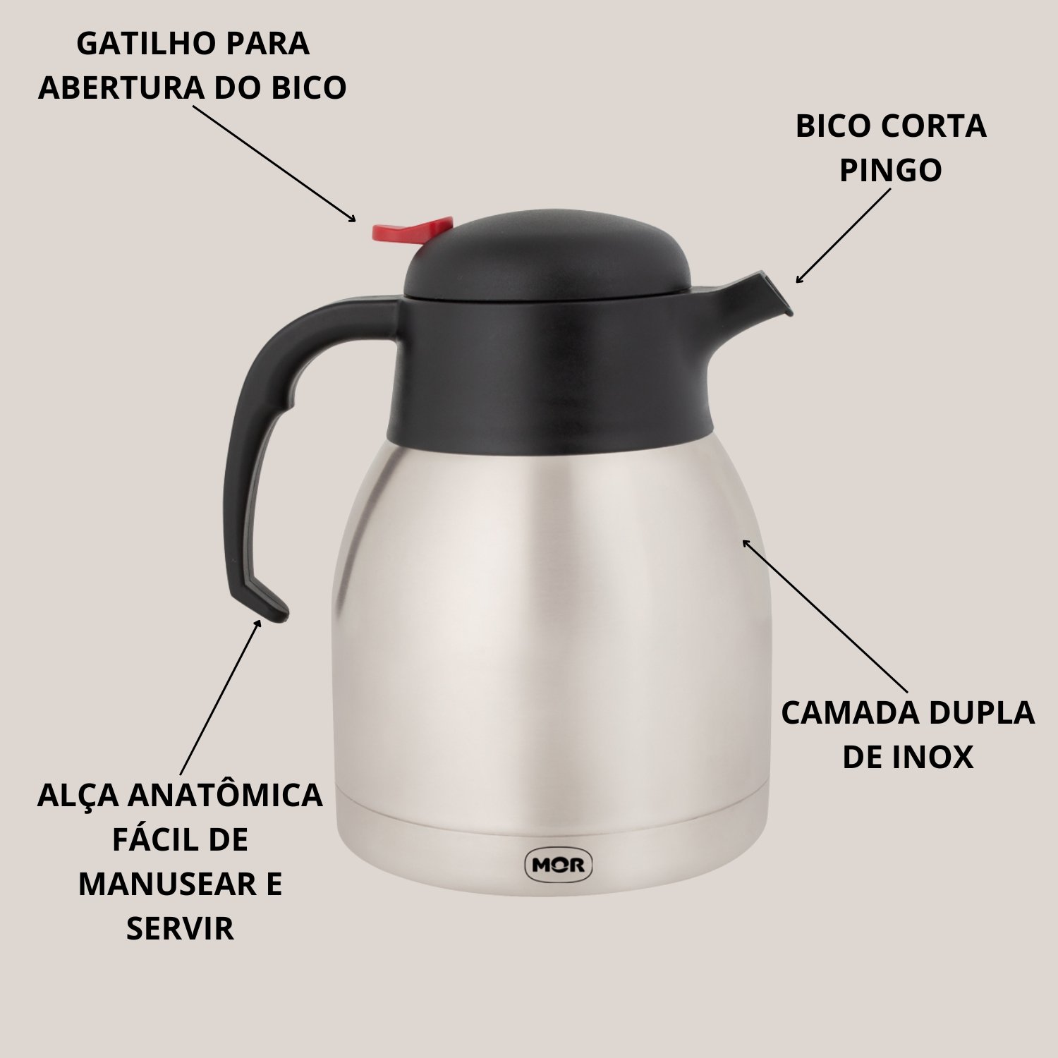 Bule Inox com Gatilho 1,2l Café Chá Água Tererê - 3