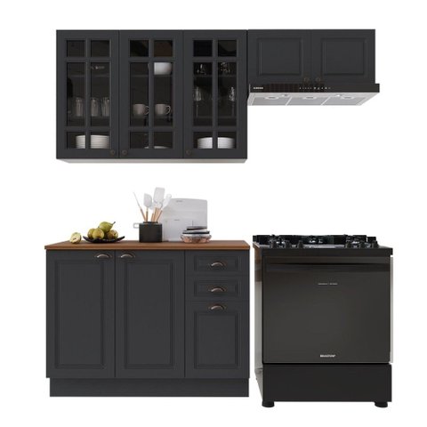 Cozinha Compacta Bariloche 8 Portas 2 Gavetas com Vidro e Tampo 100% MDF Chumbo - Indékes