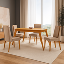 Ver imagem 1 de Conjunto de Mesa 120cm com 4 Cadeiras Estofadas Cleo Marrom Linho Capuccino / Tork / Naturalle
