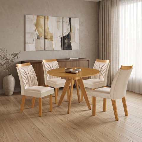 Conjunto Sala de Jantar Mesa Liz Redonda Tampo Amadeirado 4 Cadeiras Veneza New Cinamomo Yescasa