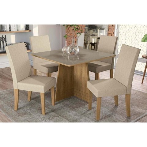 Conjunto: Mesa de Cozinha Lótus Tampo Madeirado C/ Vidro 105x105cm e 4 Cadeiras 2cad131 Freijo/