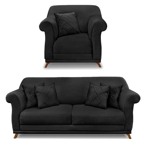 Kit Poltrona e Sofá Living 2 Lugares 1,60m Vênus Veludo Pés Castanho - Pallazio - Preto