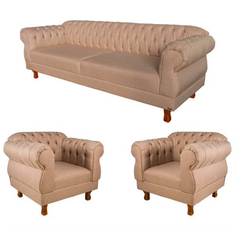 Conjunto 1 Sofá 1,80cm + 2 Poltronas Chesterfield Elisabeth Linho Bege