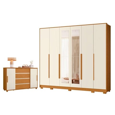 Guarda Roupa Casal Mercure com Espelho 6 Portas e Cômoda Evidenza 02 Portas Deslizantes e 04