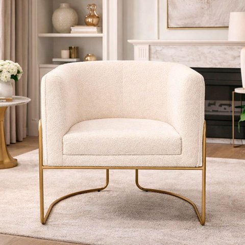 Poltrona Mono Base Aço Ouro Bouclé Off White - Sallar Home