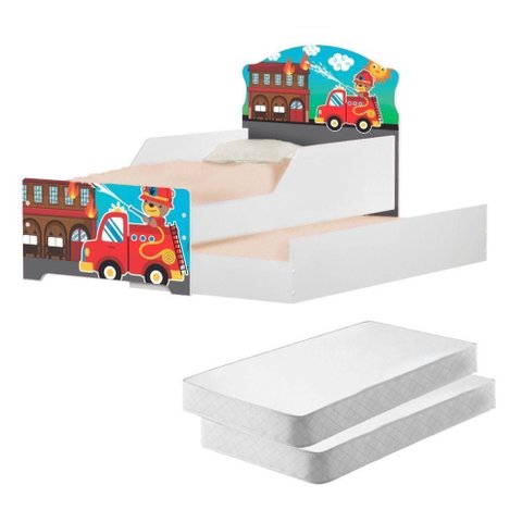 Mini Cama Infantil com Auxiliar Bombeiro com Colchões
