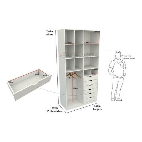 Armário Arara Gaveta Samara M8 100% Mdf Colmeia Closet Loja - Branco