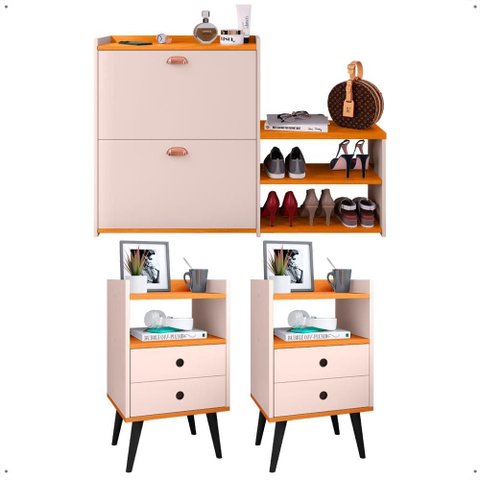 Kit 2 Mesas Cabeceira Mesinha Lateral Sapateira Vertical Banquinho Quarto Off White/cinamomo - Rpm