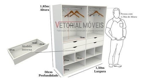 Guarda Roupa Closet Solteiro  M3 100% Mdf Closet Loja Roupeiro Gaveta - Branco