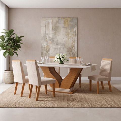 Sala de Jantar 6 Cadeiras Estofadas Riviera e Mesa com Tampo MDF e Vidro Safira Cinamomo/Off White