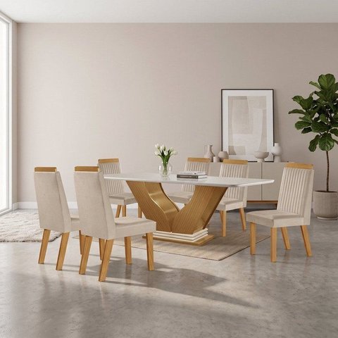 Sala de Jantar 6 Cadeiras Estofadas Riviera e Mesa com Tampo MDF e Vidro Safira Cinamomo/Off White