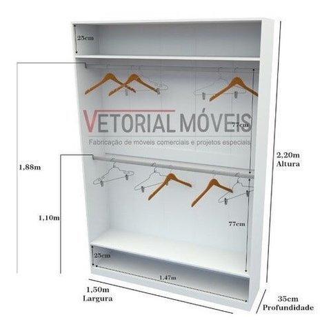 Armário Cabideiro Marina M7 100% Mdf Closet Loja Arara - Branco