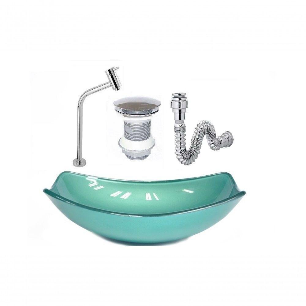 Cuba De Vidro Oval 46cm Verde + Valvula + Torneira + Sifao - 1