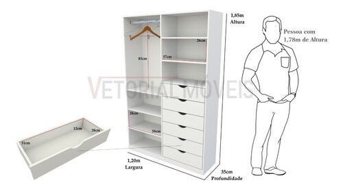 Armário Arara Gaveta Verônica M2 100% Mdf Sapato Roupa - Branco - 2