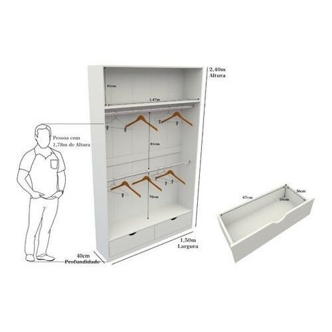 Armário Cabideiro Marina M16 100% Mdf Closet Gaveta Arara - Branco