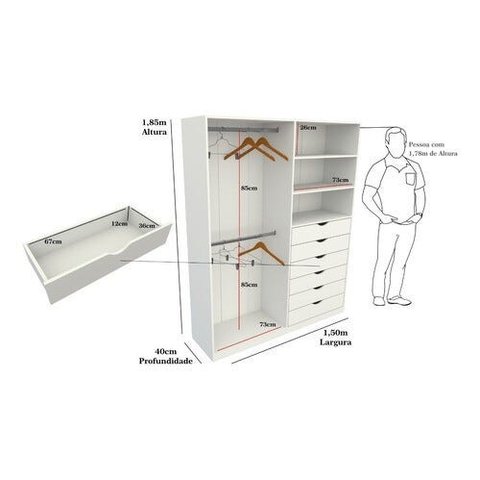 Armário Arara Gaveta Brenda M3 100% Mdf Quarto Sapato Roupa - Branco