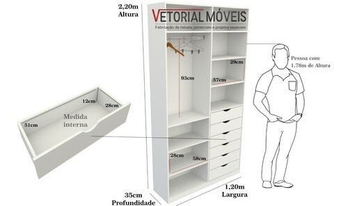 Armário Arara Gaveta Verônica M3 100% Mdf Closet Roupeiro - Branco - 2