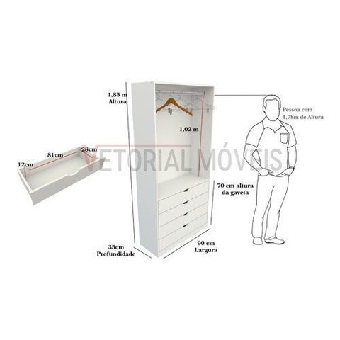Armário Misto Gaveta Arara M27 100% Mdf Roupeiro Closet - Branco
