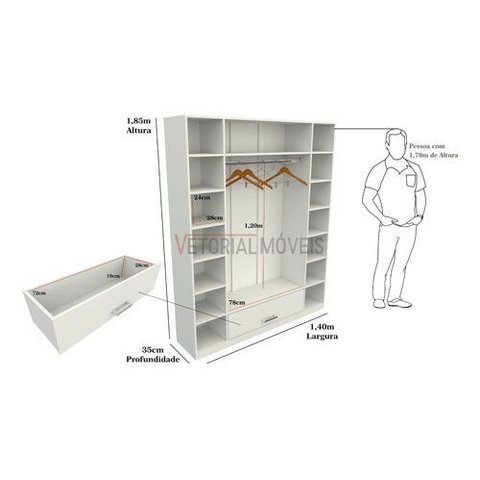 Armário Colmeia Cabideiro Gaveta 1,40m Closet, loja - Branco