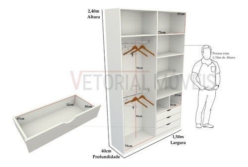 Armário Colmeia Cabideiro Duplo M8 100% Mdf Roupeiro Closet - Branco - 3