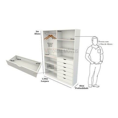 Armário Arara Gaveta Verônica M11 100% Mdf Roupeiro Closet - Branco