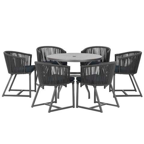 Mesa com 6 Cadeiras de Jantar Roma 120cm e Noronha em Alumínio Preto Corda Náutica Estofado 12 Trama