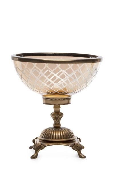 CENTRO DE MESA EM BRONZE INDIANO COM VIDRO LAPIDADO D21cm - 1