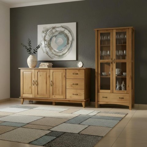 Cristaleira com Vidro e Aparador 3 Portas Madeira Maciça