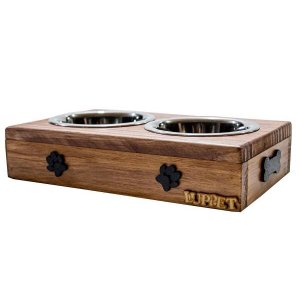 Comedouro Com Patinhas E Potes Inox Para Cachorro Marrom