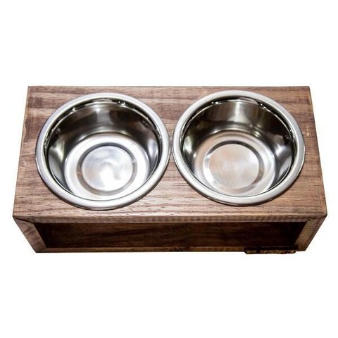 Comedouro Duplo com Potes Inox para Gatos e Cachorros Marrom
