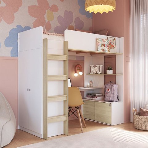 Cama Elevada Multifuncional com Armário e Escrivaninha Bi030 Infanto Branco Carvalho Completa Móveis
