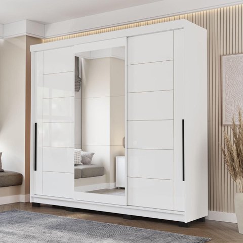 Roupeiro Lisboa 3 Portas de Correr com Espelho 217x213cm Branco 240856