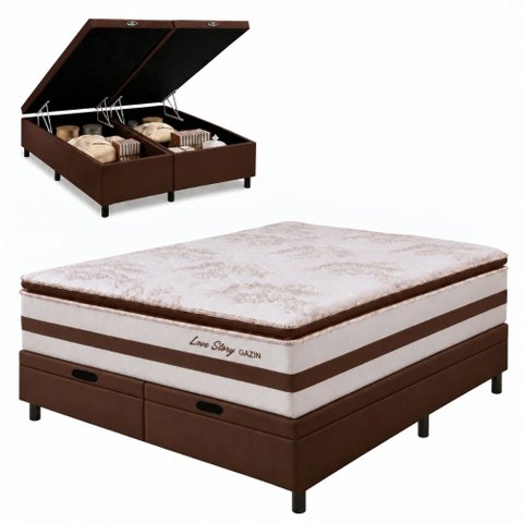 Cama Box Baú Casal King Gazin Colchão Molas Ensacadas Pillow Top Love Story 193x203x71cm Branco
