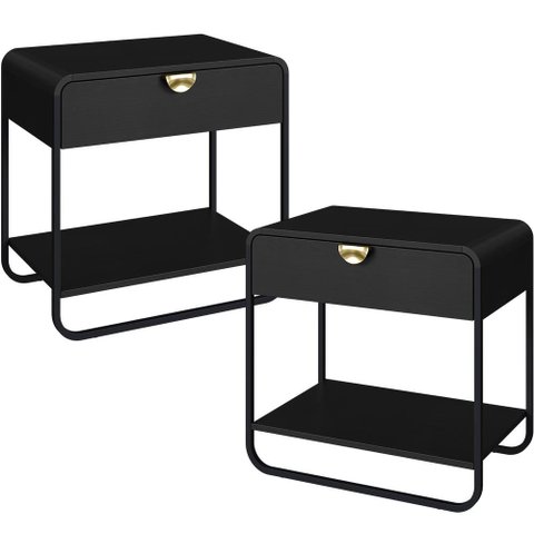 Kit 02 Mesas de Cabeceira Industrial Orgânico 1 Gaveta Alek A03 Nero Preto - Lyam Decor