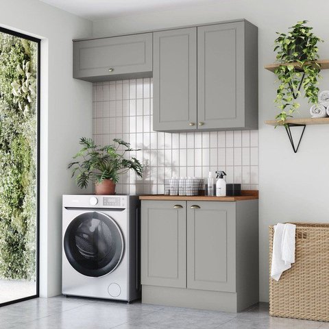 Lavanderia Modulada 03 Peças 100% MDF com Aéreo Basculante e Tampo Cinza/Nature Americana