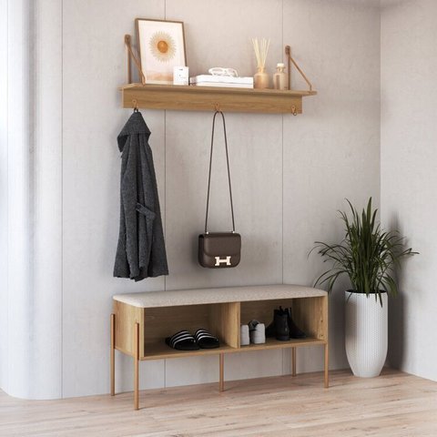 Conjunto Sapateira Banco Estofada e Prateleira Pé Metal Oslo