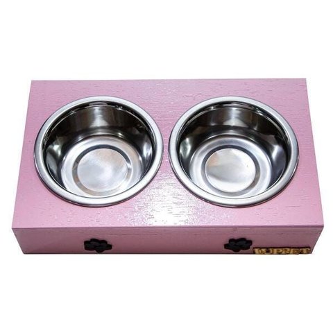 Comedouro com Patinhas e Potes Inox para Cachorro Rosa