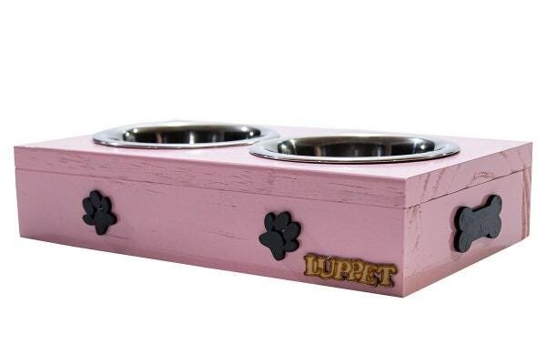 Comedouro Com Patinhas E Potes Inox Para Cachorro Rosa - 2