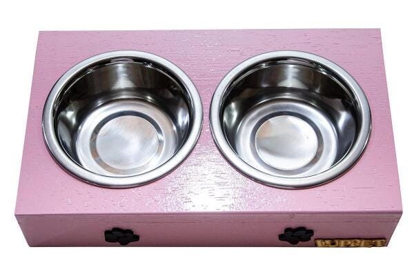 Comedouro Com Patinhas E Potes Inox Para Cachorro Rosa