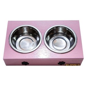 Comedouro Com Patinhas E Potes Inox Para Cachorro Rosa