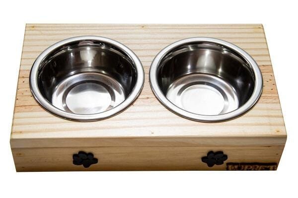 Comedouro Com Patinhas E Potes Inox Para Cachorro Natural