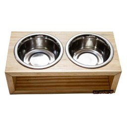 Comedouro Duplo De Madeira Com Potes Inox Para Pets Natural - 2