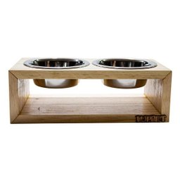 Comedouro Duplo De Madeira Com Potes Inox Para Pets Natural - 3